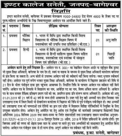 Vacancy for Lecturer in Inter College Saneti, Bageshwar District