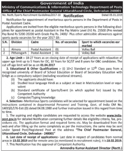 Recruitment for Postal Assistant (Sports Quota) in Postal Department in Almora & Pithoragarh