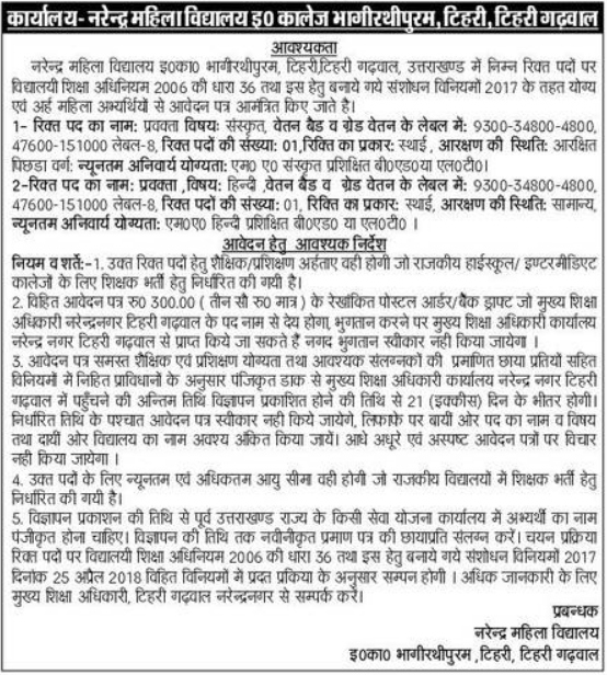 Lecturer Recruitment in Narendra Mahila Vidyalaya (Rajmata Inter College), Tehri Garhwal